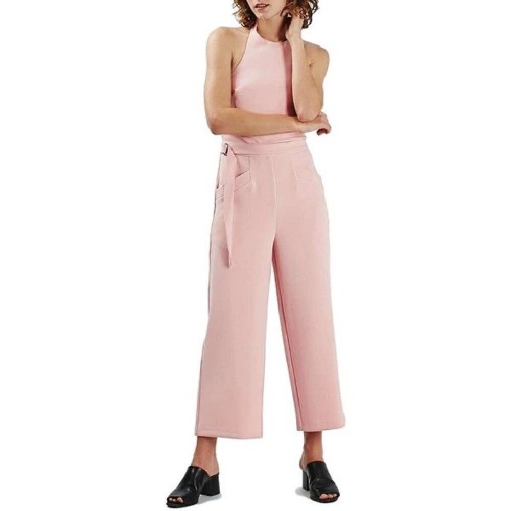 NWOT TOPSHOP Jumpsuit 4 Pink Straight Leg Halterneck Adjustable Strap Belted